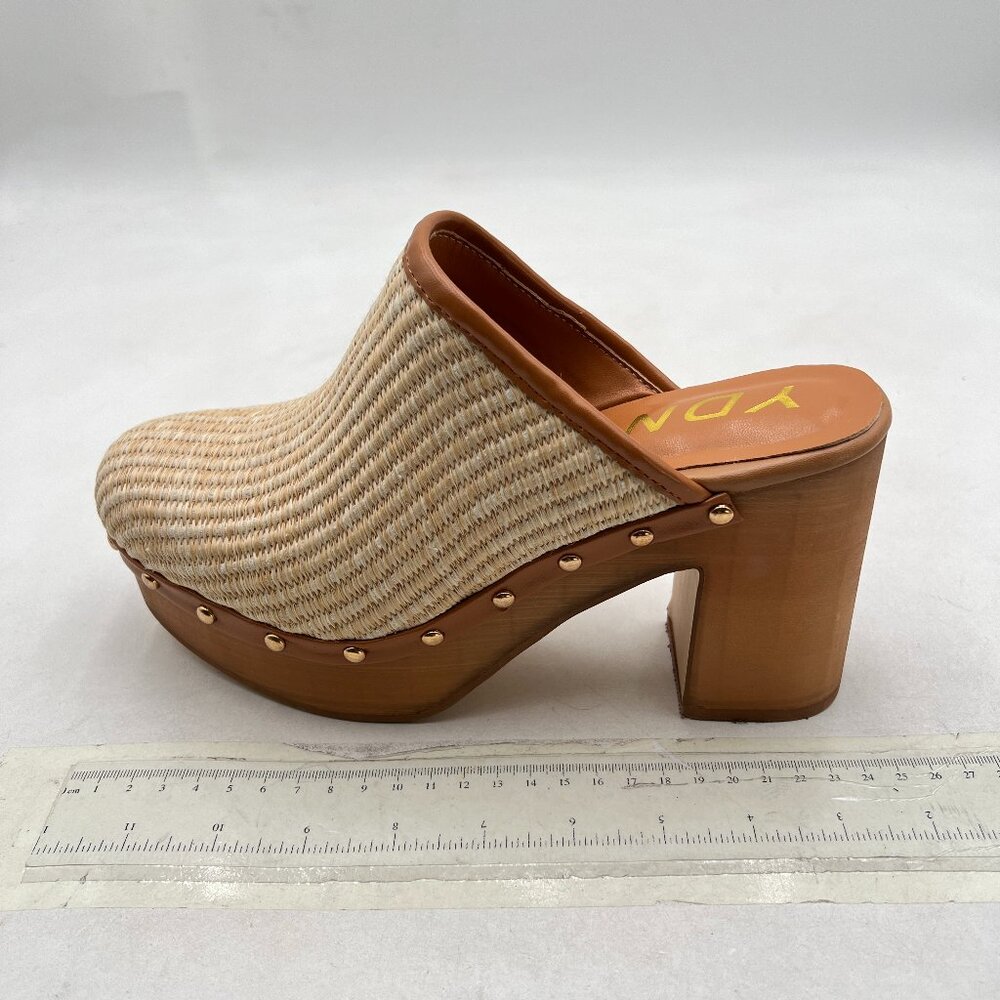 YDN Natural Platform Slip On Clogs Mules Cork High Heel Round Toe Rivet Shoes